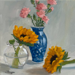 oil painting by Karen d’Angeac Mihm titled Sunflowers and Blue Vase