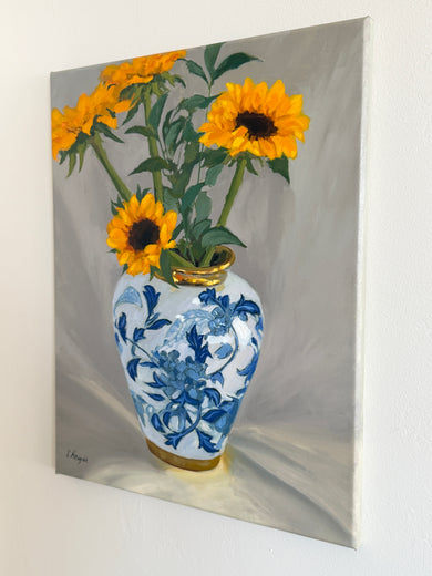 Sunflowers in Porcelain Vase by Karen d’Angeac Mihm |  Side View of Artwork 