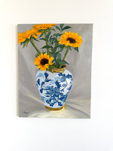 Sunflowers in Porcelain Vase by Karen d’Angeac Mihm |  Context View of Artwork 