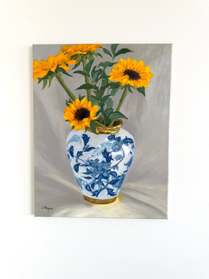 Sunflowers in Porcelain Vase by Karen d’Angeac Mihm |  Context View of Artwork 