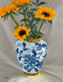 oil painting by Karen d’Angeac Mihm titled Sunflowers in Porcelain Vase