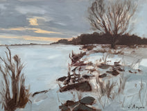 Original art for sale at UGallery.com | Winter at the Lake by Karen d’Angeac Mihm | $725 | oil painting | 12' h x 16' w | thumbnail 1