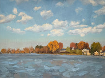 Original art for sale at UGallery.com | Wisconsin Lake on a Fall Day by Karen d’Angeac Mihm | $1,050 | oil painting | 18' h x 24' w | thumbnail 1