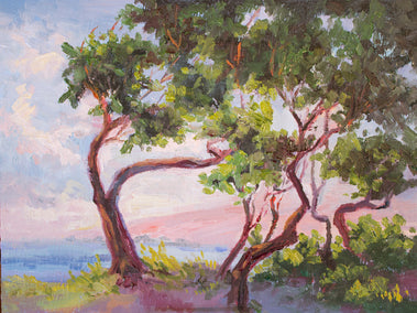 oil painting by Karen E Lewis titled Beach Windows: Windbent