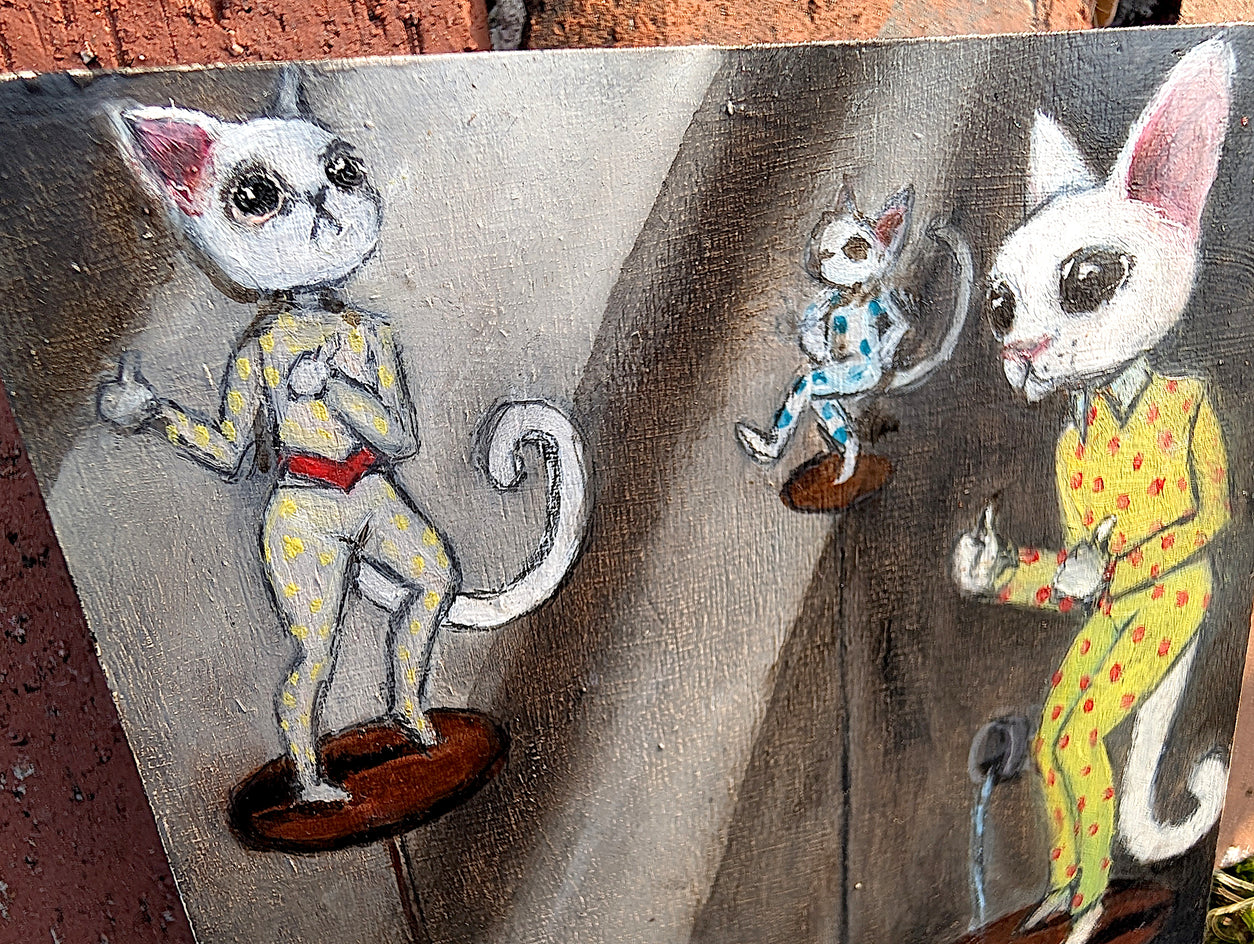 Dancing Hoki Poki Cats by Kat Silver |  Closeup View of Artwork 