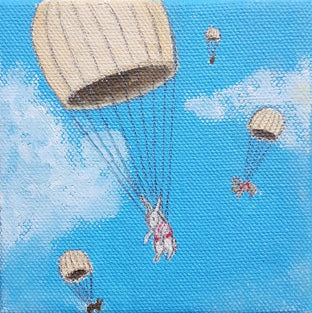 Parachuting Bunnies 4 by Kat Silver |   Closeup View of Artwork 
