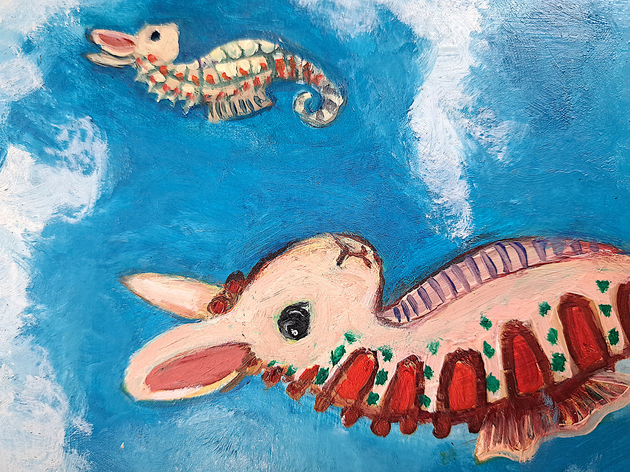 Sea Horse Bunnies by Kat Silver |  Closeup View of Artwork 
