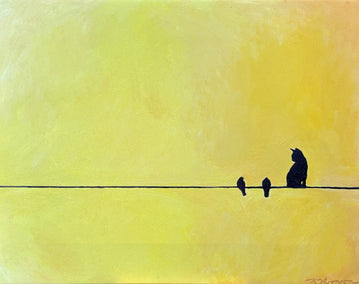 oil painting by Keith Thomson titled Birds and a Friend on a Wire