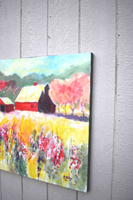 acrylic painting by Kip Decker titled Red Barn near Orchard