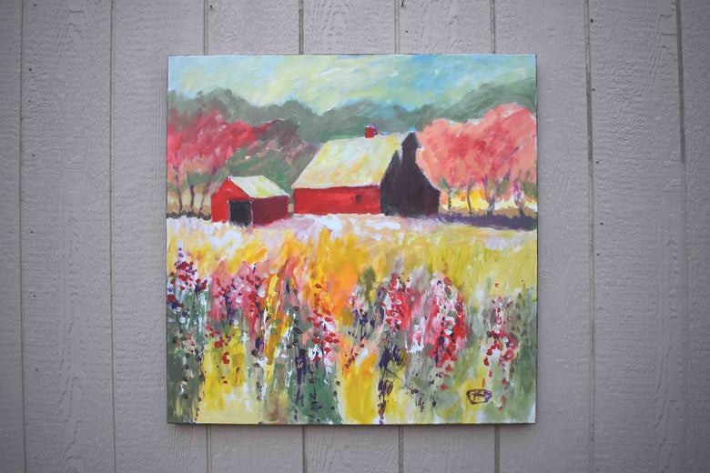Red Barn near Orchard by Kip Decker |  Side View of Artwork 