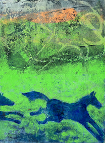 printmaking by Libby Ramage titled Blue Horses in Green Valley