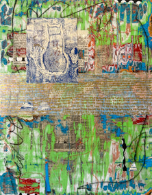mixed media artwork by Linda Shaffer titled The Cat on the Fence
