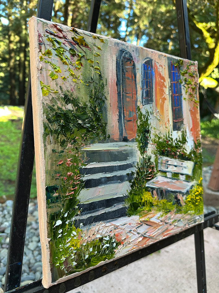 The Quiet Garden Bench by Lisa Elley |  Side View of Artwork 