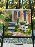 Original art for sale at UGallery.com | The Quiet Garden Bench by Lisa Elley | $675 | oil painting | 12' h x 12' w | thumbnail 3