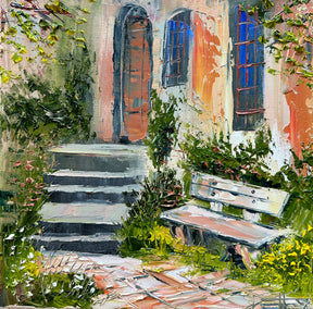 oil painting by Lisa Elley titled The Quiet Garden Bench