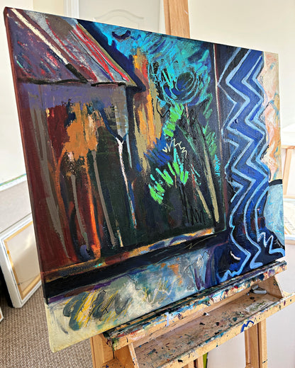 Threshold with Blue Curtain by Lynne Meneses |  Side View of Artwork 