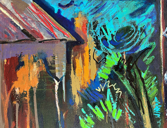 Threshold with Blue Curtain by Lynne Meneses |   Closeup View of Artwork 