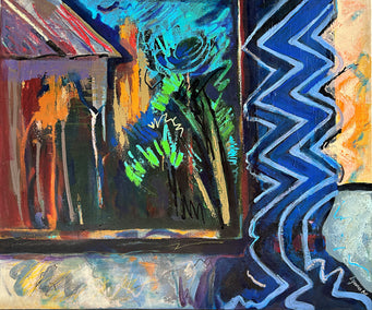 acrylic painting by Lynne Meneses titled Threshold with Blue Curtain