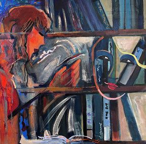 acrylic painting by Lynne Meneses titled Voice from the Shelves