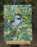 Original art for sale at UGallery.com | Chickadee Among Oak Leaves by Mary Beatty-Brooks | $475 | acrylic painting | 10' h x 8' w | thumbnail 3