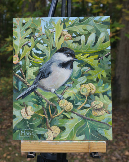 Chickadee Among Oak Leaves by Mary Beatty-Brooks |  Context View of Artwork 
