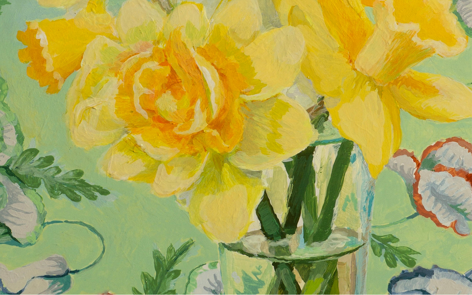 Daffodils on Green by Mary Beatty-Brooks |  Closeup View of Artwork 
