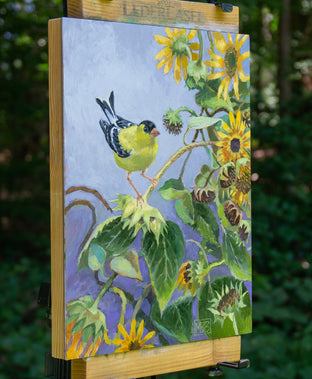 Goldfinch in a Tangle of Sunflowers by Mary Beatty-Brooks |  Side View of Artwork 