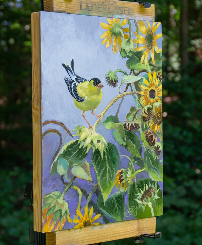 Goldfinch in a Tangle of Sunflowers by Mary Beatty-Brooks |  Side View of Artwork 
