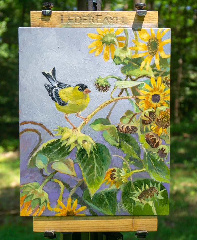 Goldfinch in a Tangle of Sunflowers by Mary Beatty-Brooks |  Context View of Artwork 