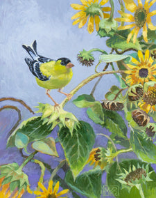acrylic painting by Mary Beatty-Brooks titled Goldfinch in a Tangle of Sunflowers