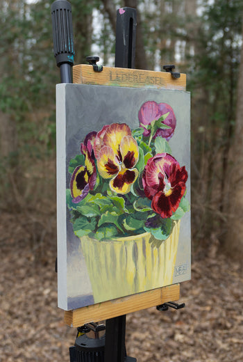 Yellow, Red and Purple Pansies by Mary Beatty-Brooks |  Side View of Artwork 