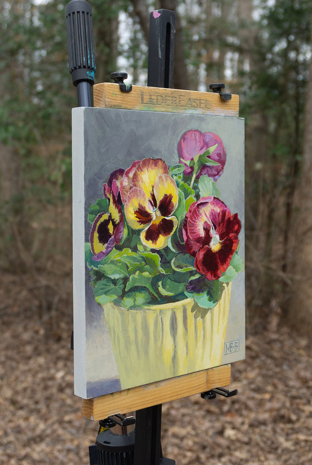 Yellow, Red and Purple Pansies by Mary Beatty-Brooks |  Side View of Artwork 