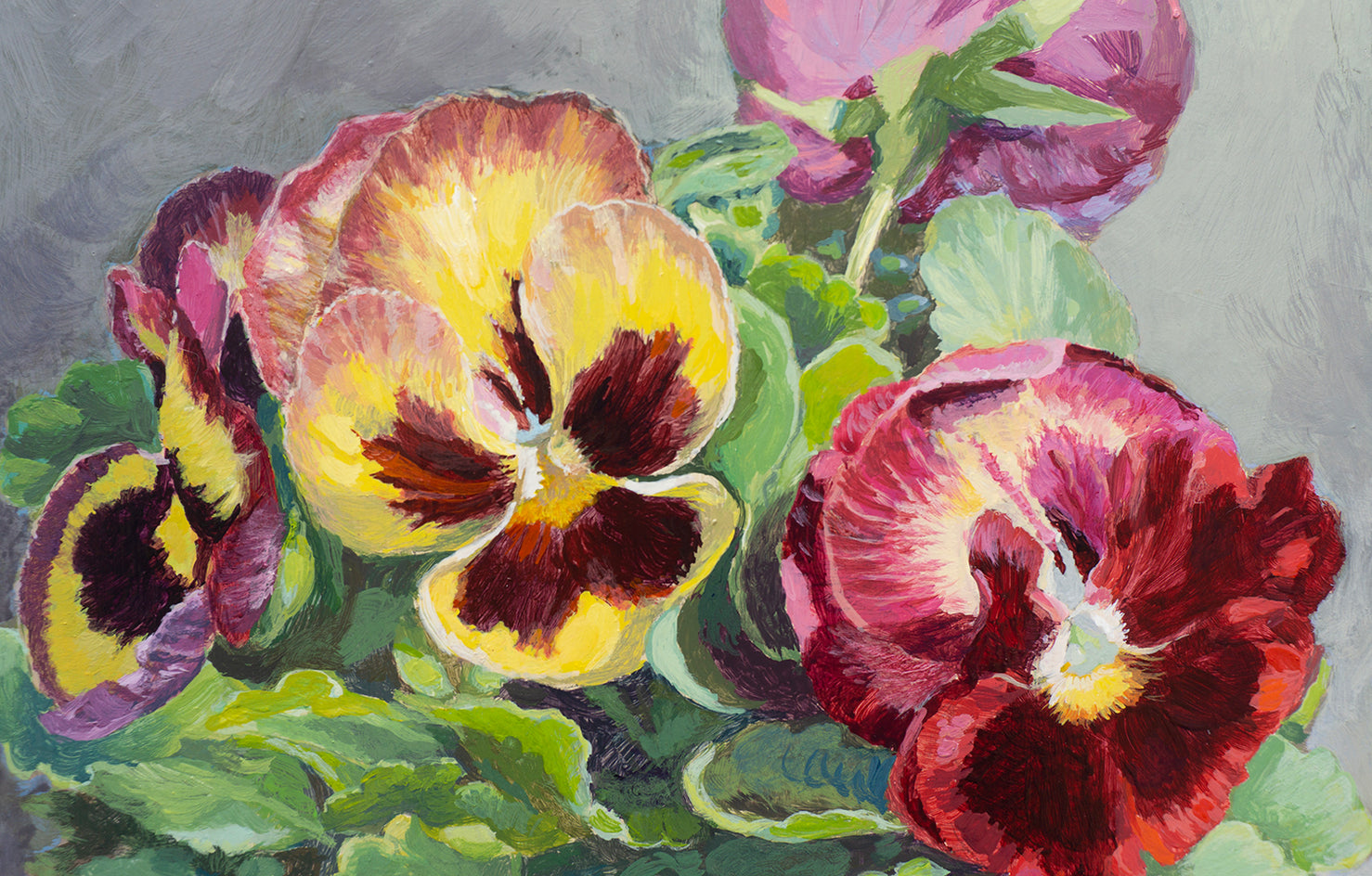 Yellow, Red and Purple Pansies by Mary Beatty-Brooks |  Closeup View of Artwork 