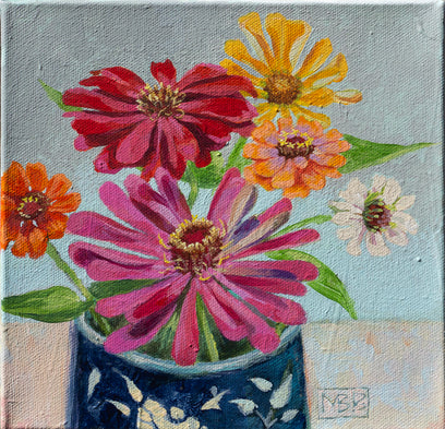 Zinnias in a Blue Mug by Mary Beatty-Brooks | Artwork Main Image