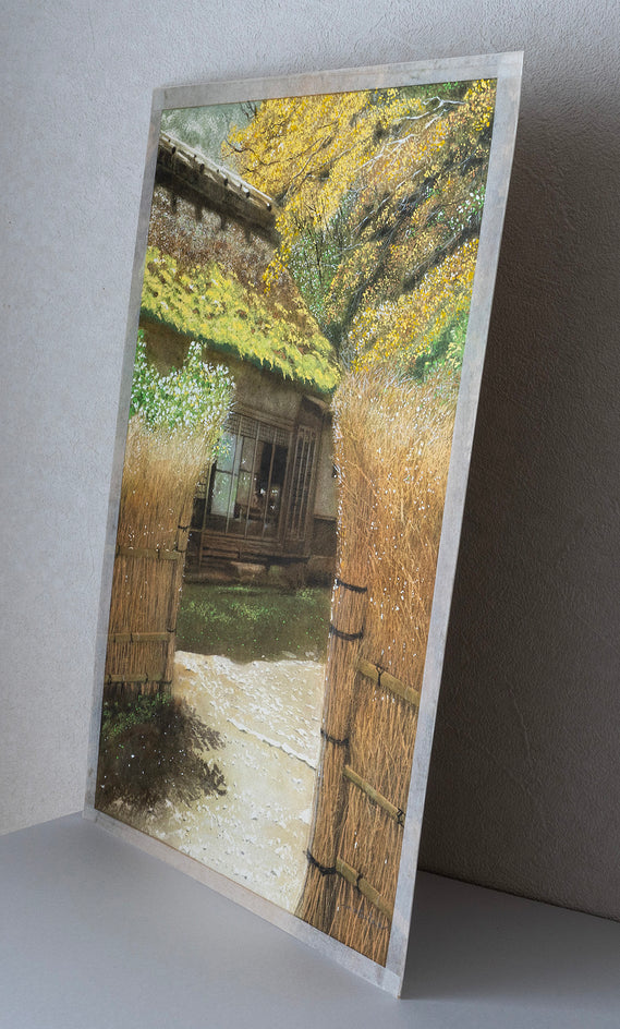 A Gate with a Bamboo Fence and a Thatched-Roof Building by Masato Watanabe |  Side View of Artwork 