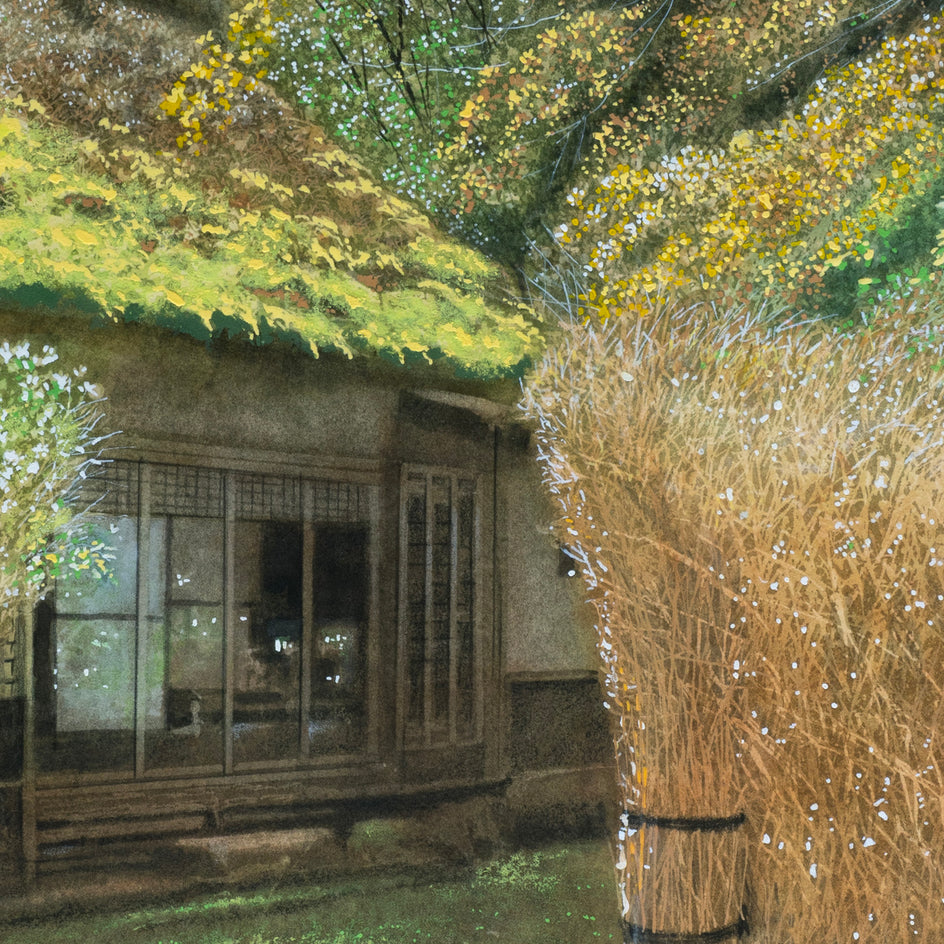 A Gate with a Bamboo Fence and a Thatched-Roof Building by Masato Watanabe |  Closeup View of Artwork 