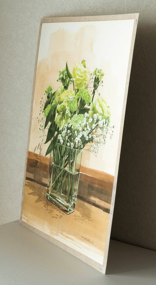 Green Flowers in a Glass Vase by Masato Watanabe |  Side View of Artwork 