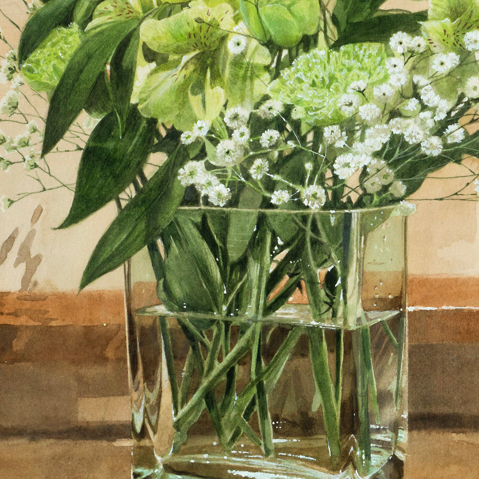 Green Flowers in a Glass Vase by Masato Watanabe |  Closeup View of Artwork 