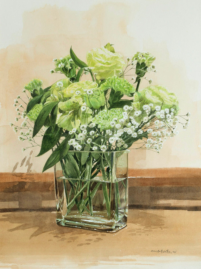 Green Flowers in a Glass Vase by Masato Watanabe |  Artwork Main Image 