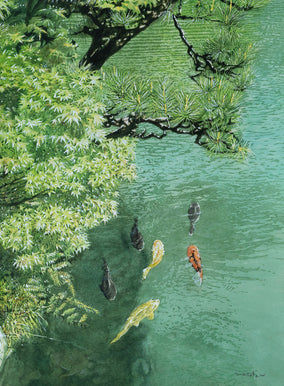 Original art for sale at UGallery.com | Carp in a Japanese Garden Pond by Masato Watanabe | $1,600 | watercolor painting | 16' h x 12' w