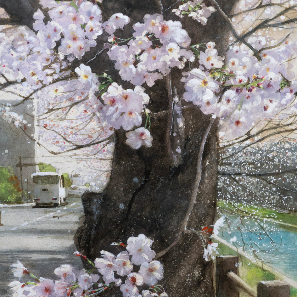 Spring Path and Cherry Tree by the River by Masato Watanabe |  Closeup View of Artwork 
