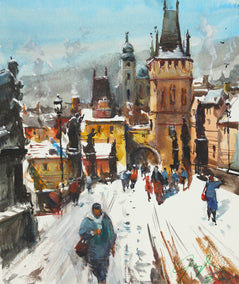 watercolor painting by Maximilian Damico titled Charles Bridge in Snow