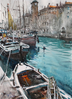 Original art for sale at UGallery.com | Fishermen Village by Maximilian Damico | $850 | watercolor painting | 16.5' h x 12' w