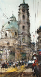 Original art for sale at UGallery.com | Prague St. Nicholas Tower by Maximilian Damico | $550 | watercolor painting | 16' h x 7.5' w | thumbnail 1