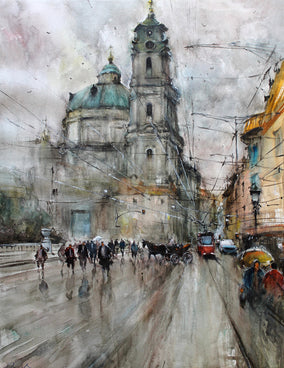 Original art for sale at UGallery.com | Raining in Prague by Maximilian Damico | $1,250 | watercolor painting | 30' h x 22' w