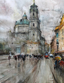 watercolor painting by Maximilian Damico titled Raining in Prague