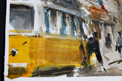 Original art for sale at UGallery.com | Yellow Tram and Lisbon Architecture by Maximilian Damico | $750 | watercolor painting | 11' h x 7.5' w | thumbnail 2