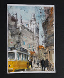 Original art for sale at UGallery.com | Yellow Tram and Lisbon Architecture by Maximilian Damico | $750 | watercolor painting | 11' h x 7.5' w | thumbnail 3