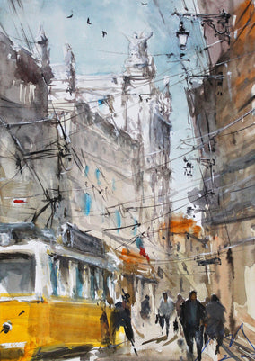 Original art for sale at UGallery.com | Yellow Tram and Lisbon Architecture by Maximilian Damico | $750 | watercolor painting | 11' h x 7.5' w