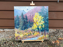 Original art for sale at UGallery.com | High in the Mountains the Ravens Play by Melissa Gannon | $1,100 | mixed media artwork | 24' h x 24' w | thumbnail 3